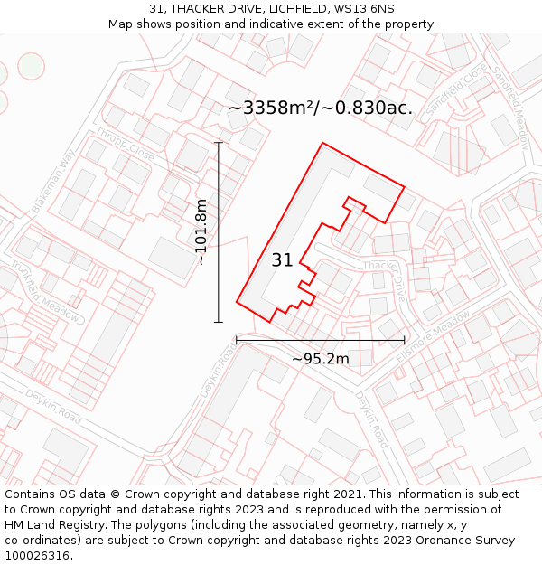 31, THACKER DRIVE, LICHFIELD, WS13 6NS: Plot and title map