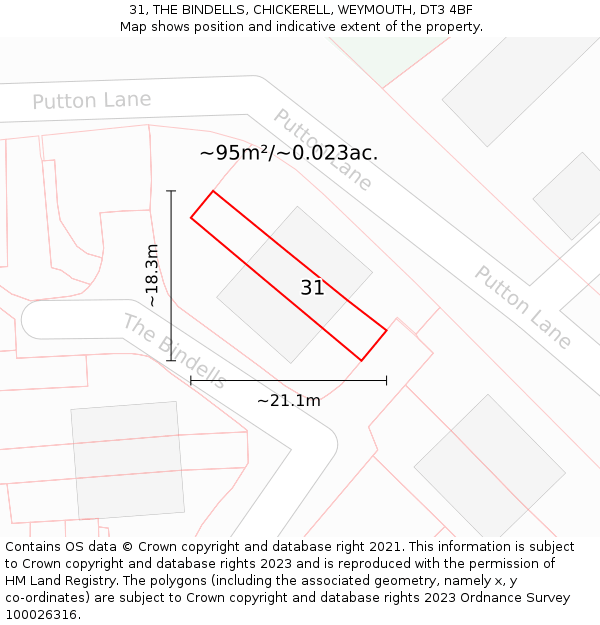 31, THE BINDELLS, CHICKERELL, WEYMOUTH, DT3 4BF: Plot and title map