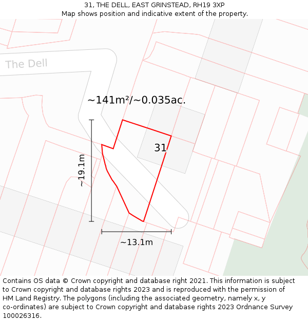 31, THE DELL, EAST GRINSTEAD, RH19 3XP: Plot and title map