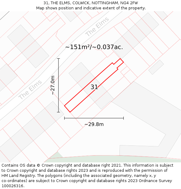 31, THE ELMS, COLWICK, NOTTINGHAM, NG4 2FW: Plot and title map