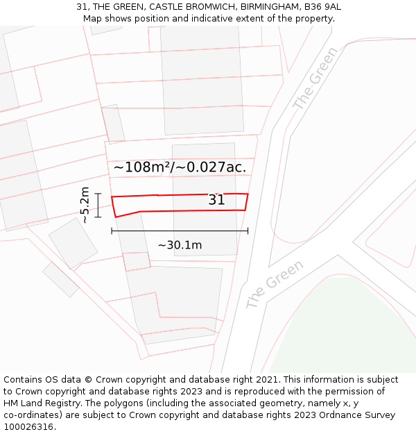 31, THE GREEN, CASTLE BROMWICH, BIRMINGHAM, B36 9AL: Plot and title map
