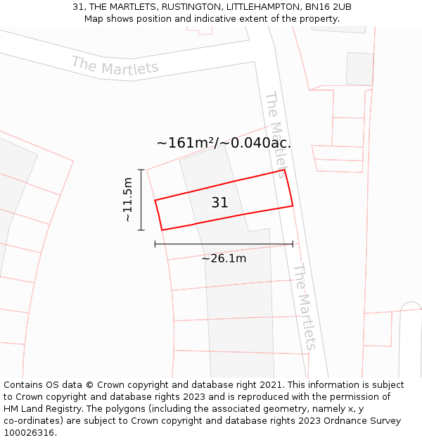 31, THE MARTLETS, RUSTINGTON, LITTLEHAMPTON, BN16 2UB: Plot and title map