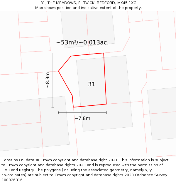 31, THE MEADOWS, FLITWICK, BEDFORD, MK45 1XG: Plot and title map
