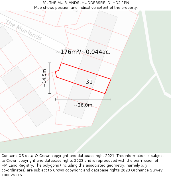 31, THE MUIRLANDS, HUDDERSFIELD, HD2 1PN: Plot and title map