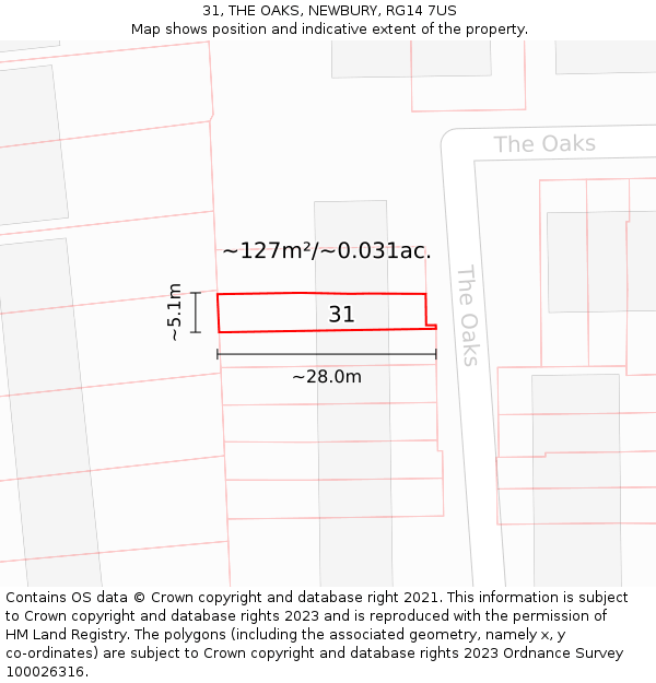 31, THE OAKS, NEWBURY, RG14 7US: Plot and title map