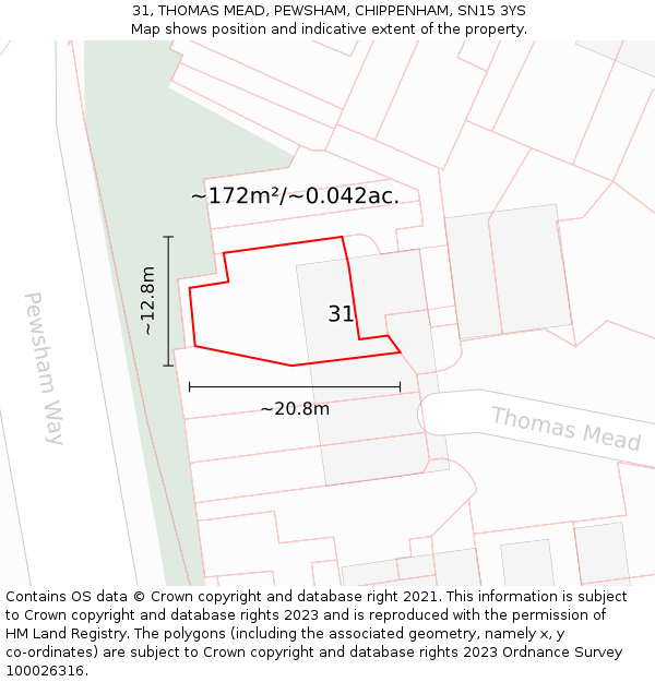 31, THOMAS MEAD, PEWSHAM, CHIPPENHAM, SN15 3YS: Plot and title map