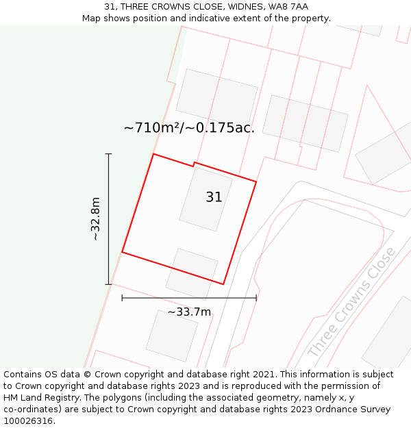 31, THREE CROWNS CLOSE, WIDNES, WA8 7AA: Plot and title map