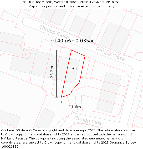 31, THRUPP CLOSE, CASTLETHORPE, MILTON KEYNES, MK19 7PL: Plot and title map