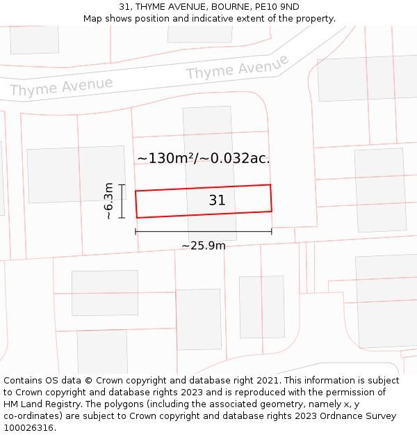 31, THYME AVENUE, BOURNE, PE10 9ND: Plot and title map
