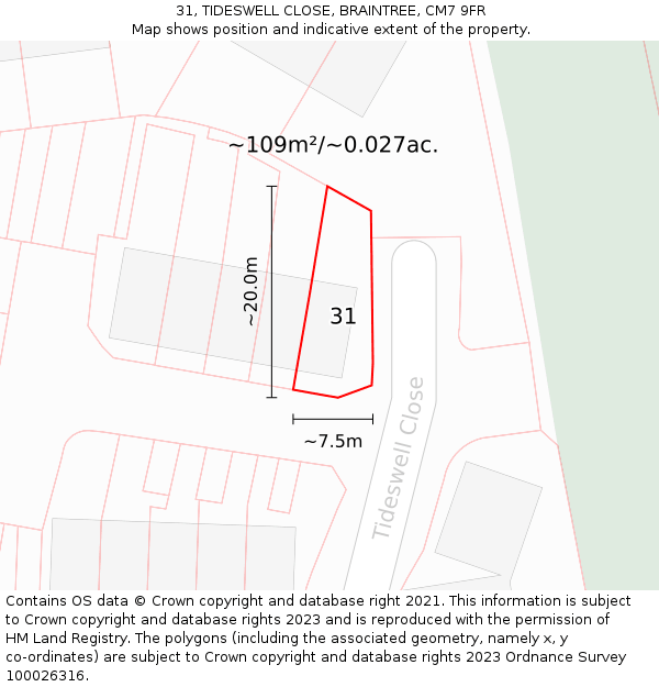 31, TIDESWELL CLOSE, BRAINTREE, CM7 9FR: Plot and title map
