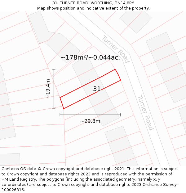 31, TURNER ROAD, WORTHING, BN14 8PY: Plot and title map