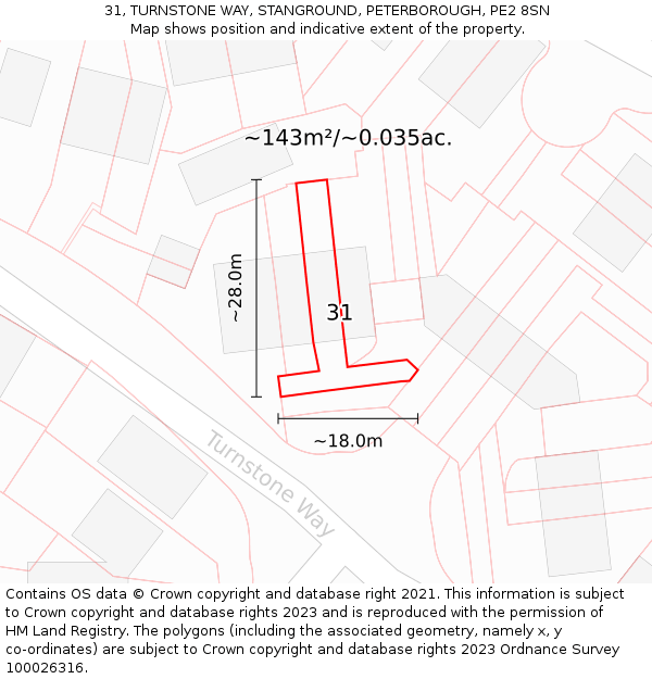 31, TURNSTONE WAY, STANGROUND, PETERBOROUGH, PE2 8SN: Plot and title map