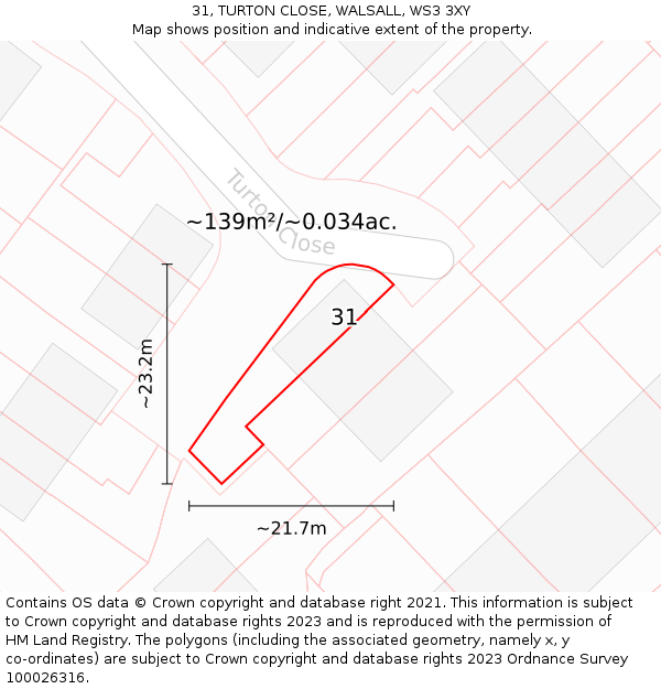 31, TURTON CLOSE, WALSALL, WS3 3XY: Plot and title map