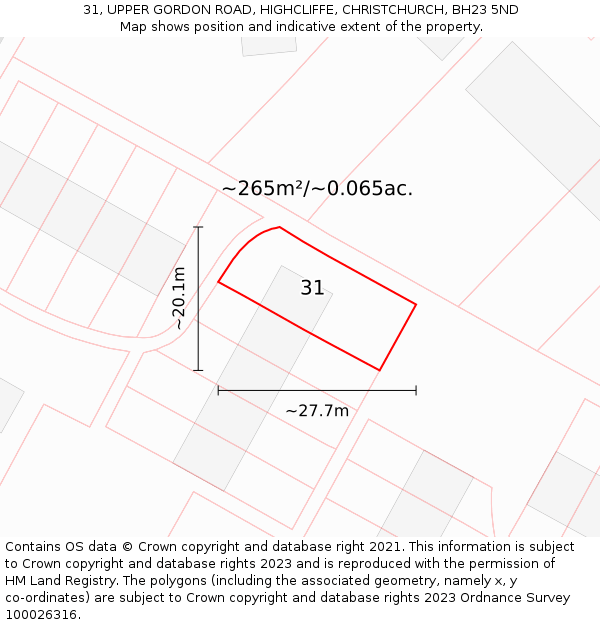 31, UPPER GORDON ROAD, HIGHCLIFFE, CHRISTCHURCH, BH23 5ND: Plot and title map