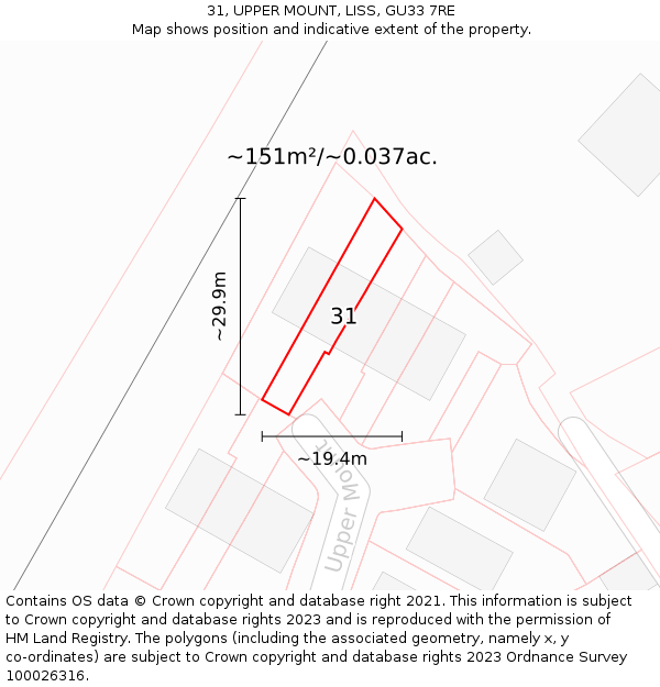 31, UPPER MOUNT, LISS, GU33 7RE: Plot and title map