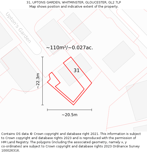 31, UPTONS GARDEN, WHITMINSTER, GLOUCESTER, GL2 7LP: Plot and title map