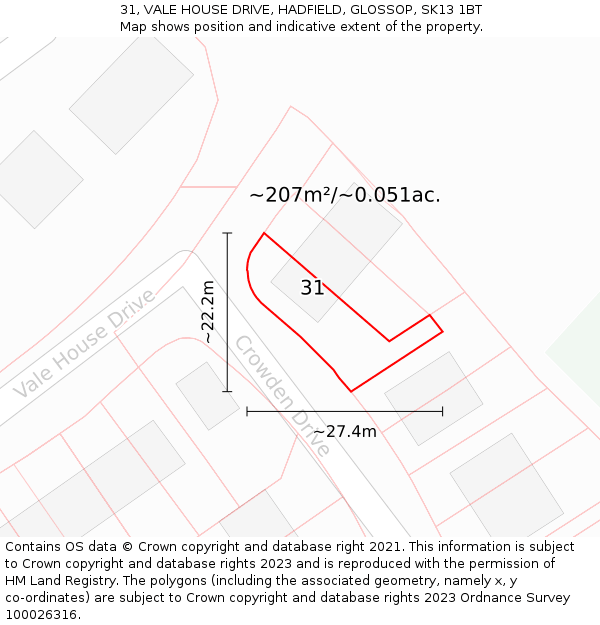 31, VALE HOUSE DRIVE, HADFIELD, GLOSSOP, SK13 1BT: Plot and title map