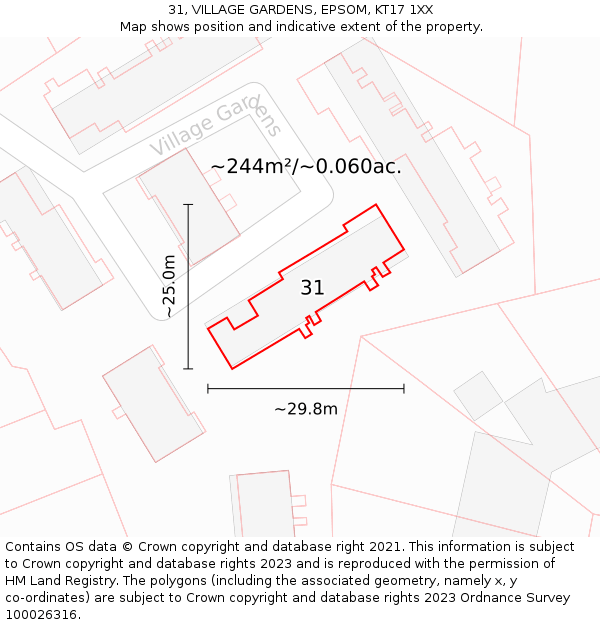 31, VILLAGE GARDENS, EPSOM, KT17 1XX: Plot and title map