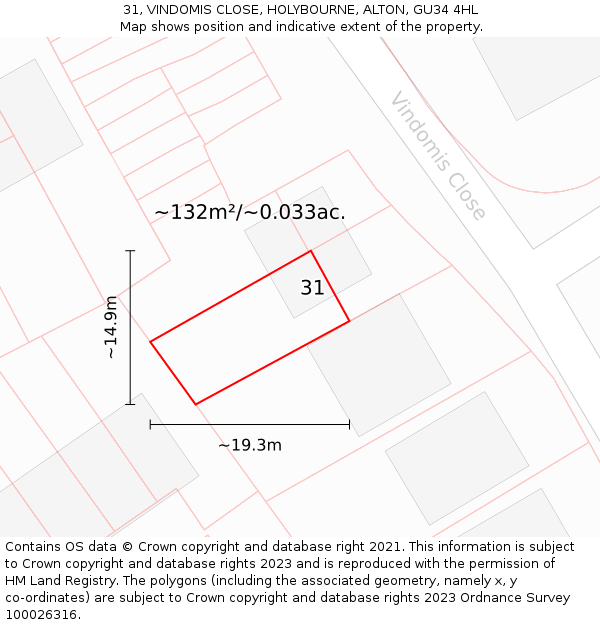 31, VINDOMIS CLOSE, HOLYBOURNE, ALTON, GU34 4HL: Plot and title map