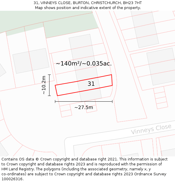 31, VINNEYS CLOSE, BURTON, CHRISTCHURCH, BH23 7HT: Plot and title map