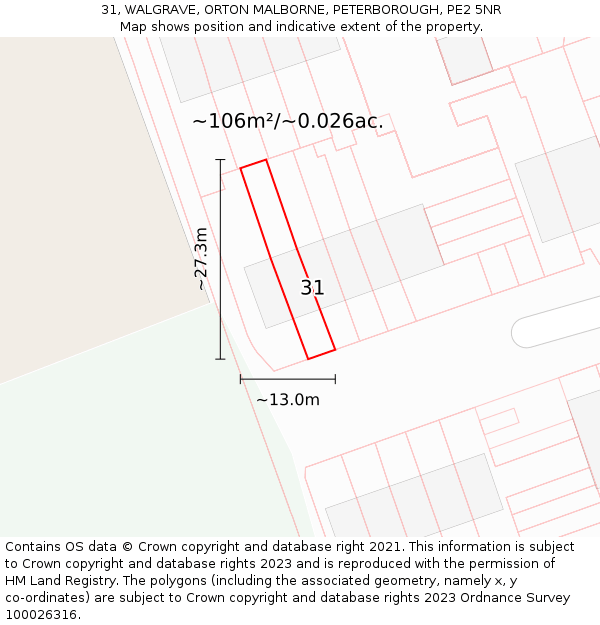 31, WALGRAVE, ORTON MALBORNE, PETERBOROUGH, PE2 5NR: Plot and title map