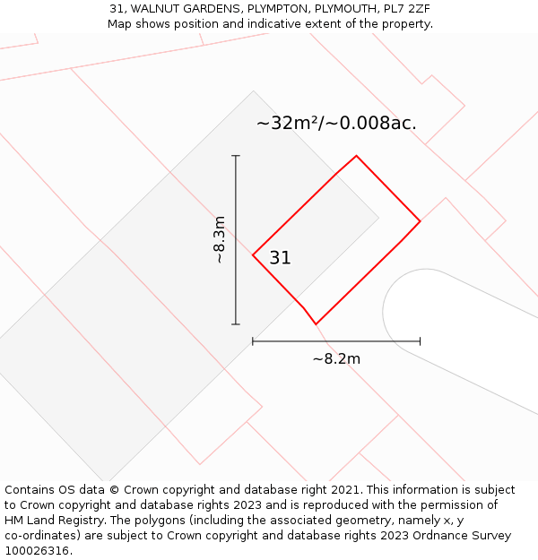 31, WALNUT GARDENS, PLYMPTON, PLYMOUTH, PL7 2ZF: Plot and title map
