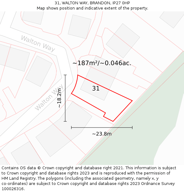 31, WALTON WAY, BRANDON, IP27 0HP: Plot and title map