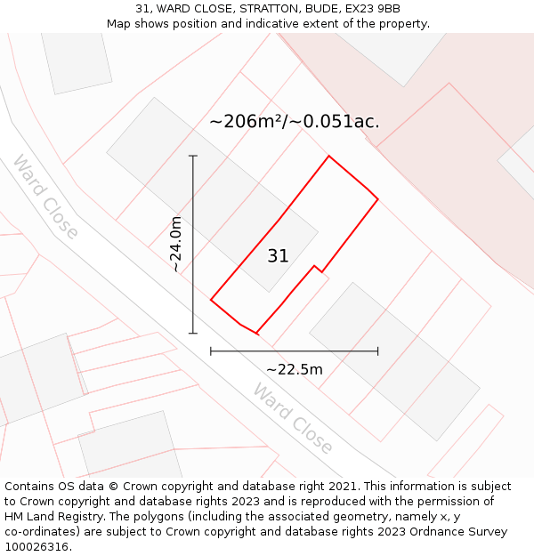 31, WARD CLOSE, STRATTON, BUDE, EX23 9BB: Plot and title map