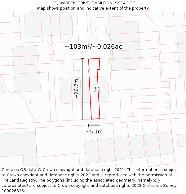 31, WARREN DRIVE, BASILDON, SS14 1GE: Plot and title map