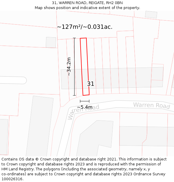 31, WARREN ROAD, REIGATE, RH2 0BN: Plot and title map