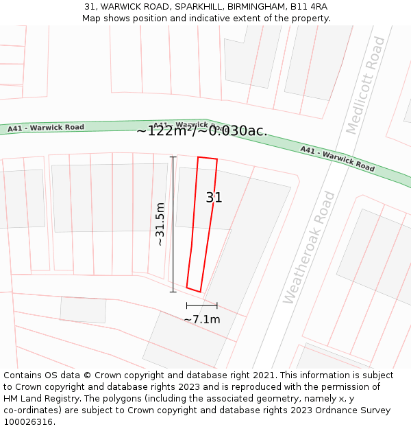 31, WARWICK ROAD, SPARKHILL, BIRMINGHAM, B11 4RA: Plot and title map