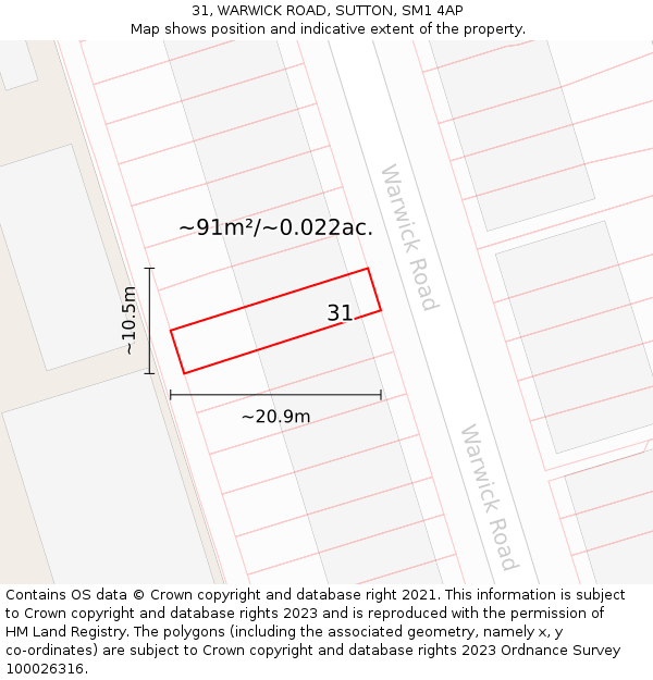 31, WARWICK ROAD, SUTTON, SM1 4AP: Plot and title map