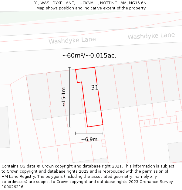 31, WASHDYKE LANE, HUCKNALL, NOTTINGHAM, NG15 6NH: Plot and title map