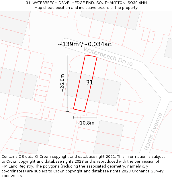 31, WATERBEECH DRIVE, HEDGE END, SOUTHAMPTON, SO30 4NH: Plot and title map