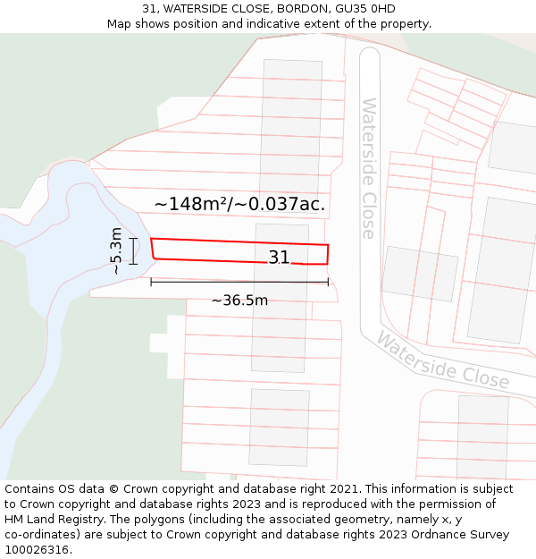 31, WATERSIDE CLOSE, BORDON, GU35 0HD: Plot and title map