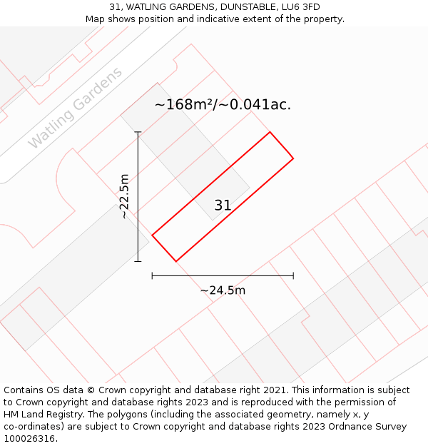 31, WATLING GARDENS, DUNSTABLE, LU6 3FD: Plot and title map