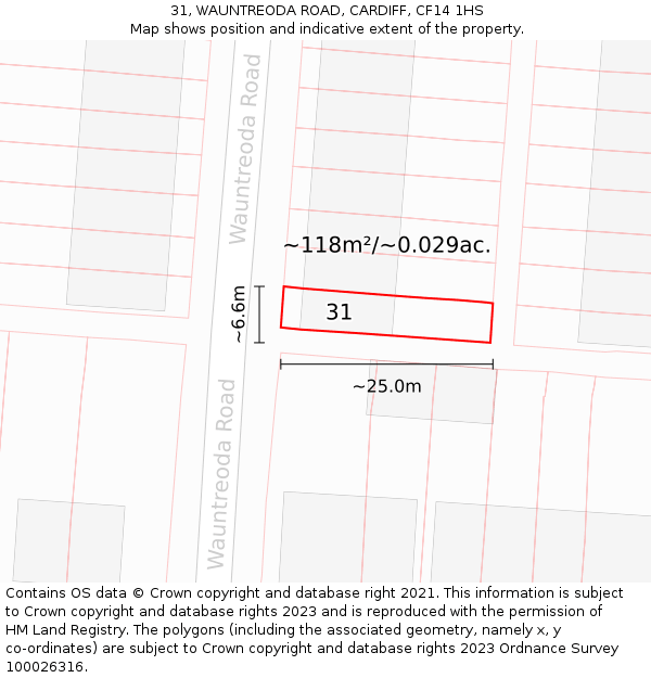 31, WAUNTREODA ROAD, CARDIFF, CF14 1HS: Plot and title map