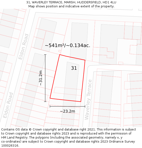 31, WAVERLEY TERRACE, MARSH, HUDDERSFIELD, HD1 4LU: Plot and title map