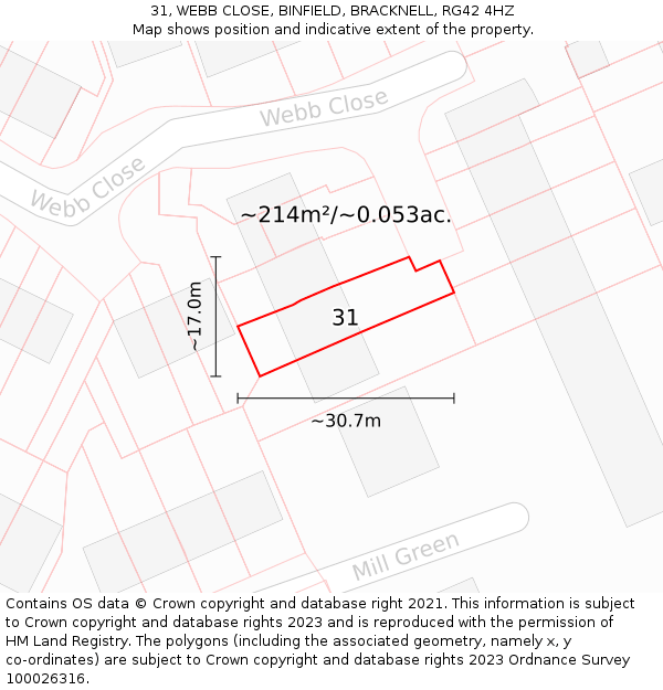 31, WEBB CLOSE, BINFIELD, BRACKNELL, RG42 4HZ: Plot and title map