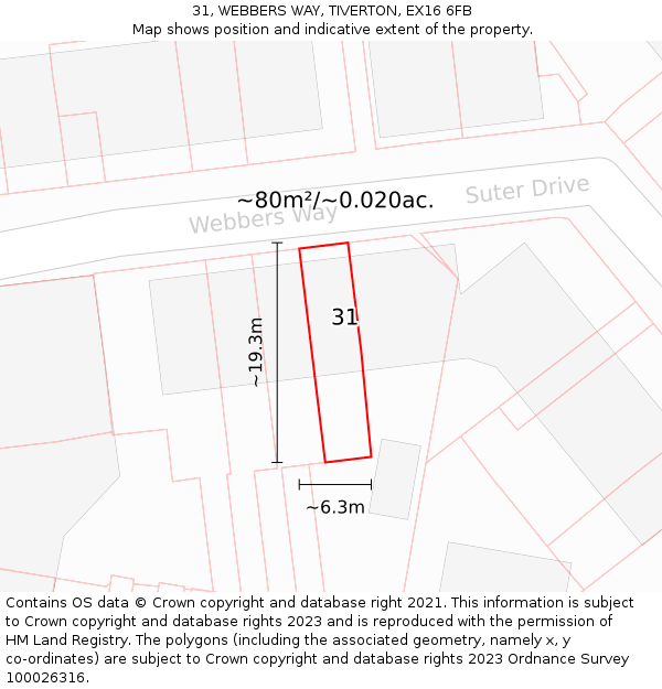 31, WEBBERS WAY, TIVERTON, EX16 6FB: Plot and title map