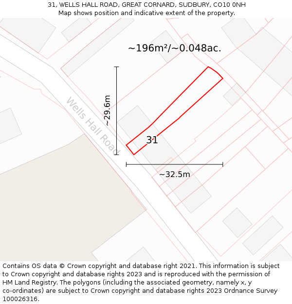 31, WELLS HALL ROAD, GREAT CORNARD, SUDBURY, CO10 0NH: Plot and title map