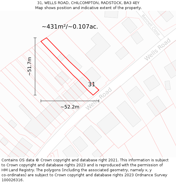 31, WELLS ROAD, CHILCOMPTON, RADSTOCK, BA3 4EY: Plot and title map