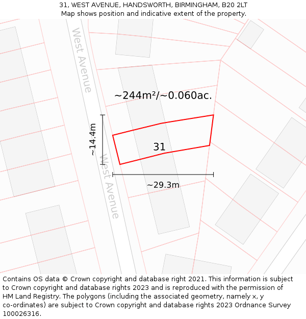 31, WEST AVENUE, HANDSWORTH, BIRMINGHAM, B20 2LT: Plot and title map
