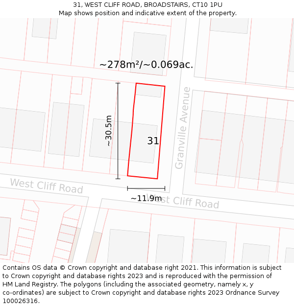 31, WEST CLIFF ROAD, BROADSTAIRS, CT10 1PU: Plot and title map