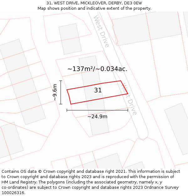 31, WEST DRIVE, MICKLEOVER, DERBY, DE3 0EW: Plot and title map