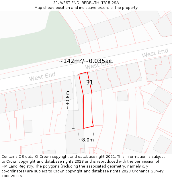 31, WEST END, REDRUTH, TR15 2SA: Plot and title map
