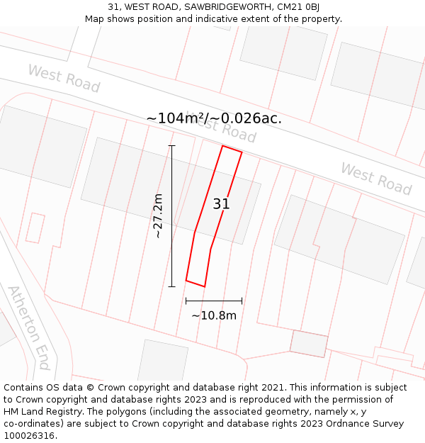 31, WEST ROAD, SAWBRIDGEWORTH, CM21 0BJ: Plot and title map