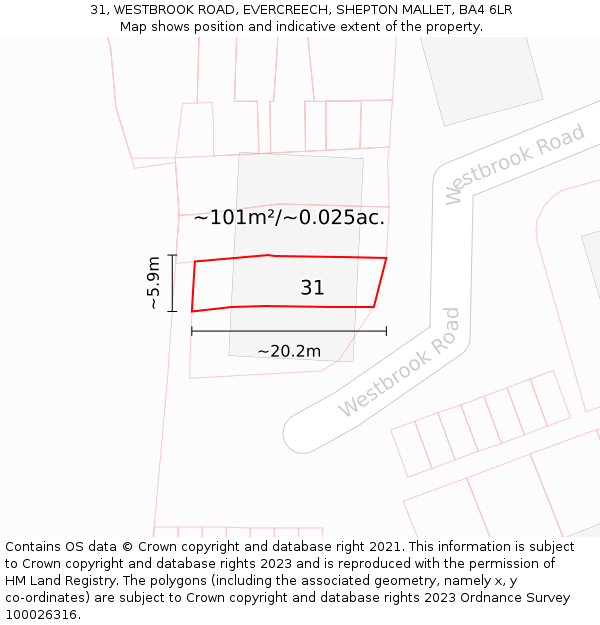 31, WESTBROOK ROAD, EVERCREECH, SHEPTON MALLET, BA4 6LR: Plot and title map
