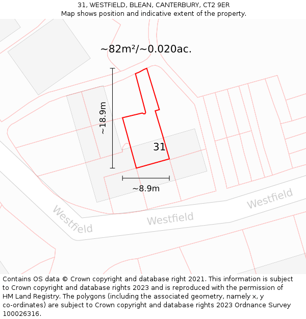 31, WESTFIELD, BLEAN, CANTERBURY, CT2 9ER: Plot and title map