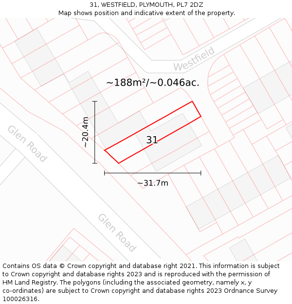 31, WESTFIELD, PLYMOUTH, PL7 2DZ: Plot and title map